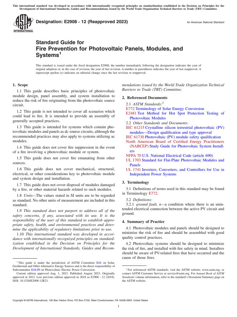 ASTM E2908-12(2023) - Standard Guide for Fire Prevention for Photovoltaic Panels, Modules, and Systems