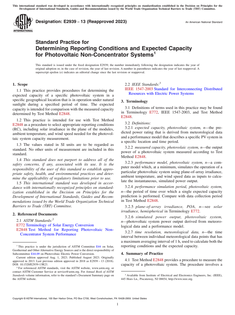 ASTM E2939-13(2023) - Standard Practice for Determining Reporting Conditions and Expected Capacity for  Photovoltaic Non-Concentrator Systems