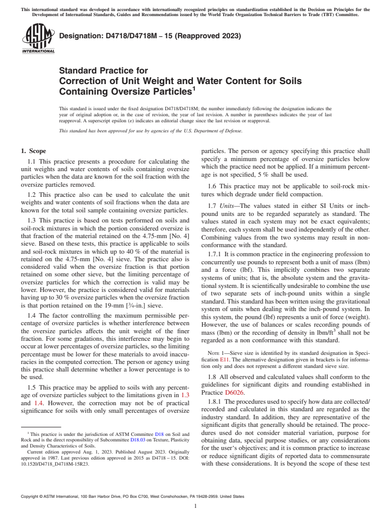 ASTM D4718/D4718M-15(2023) - Standard Practice for Correction of Unit Weight and Water Content for Soils Containing  Oversize Particles