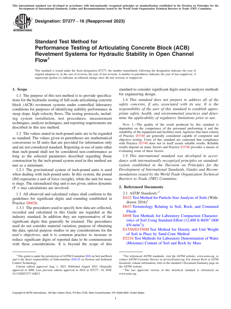 ASTM D7277-16(2023) - Standard Test Method for Performance Testing of Articulating Concrete Block (ACB) Revetment  Systems for Hydraulic Stability in Open Channel Flow