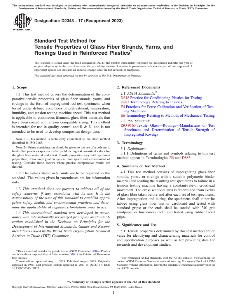 ASTM D2343-17(2023) - Standard Test Method for Tensile Properties of Glass Fiber Strands, Yarns, and Rovings  Used in Reinforced Plastics