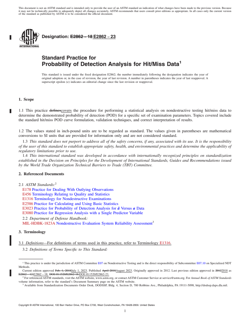 REDLINE ASTM E2862-23 - Standard Practice for  Probability of Detection Analysis for Hit/Miss Data