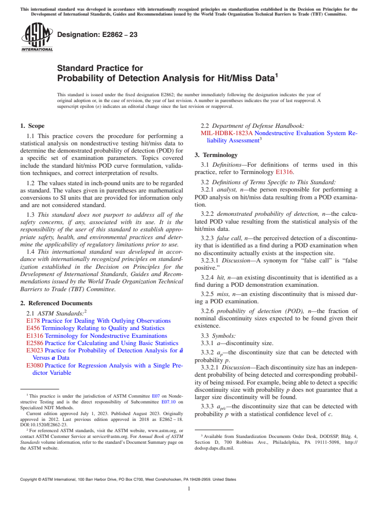 ASTM E2862-23 - Standard Practice for  Probability of Detection Analysis for Hit/Miss Data