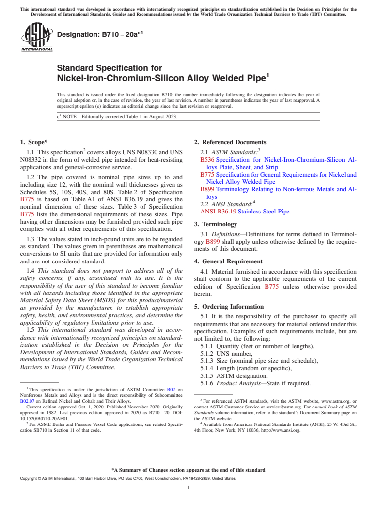 ASTM B710-20ae1 - Standard Specification for Nickel-Iron-Chromium-Silicon Alloy Welded Pipe