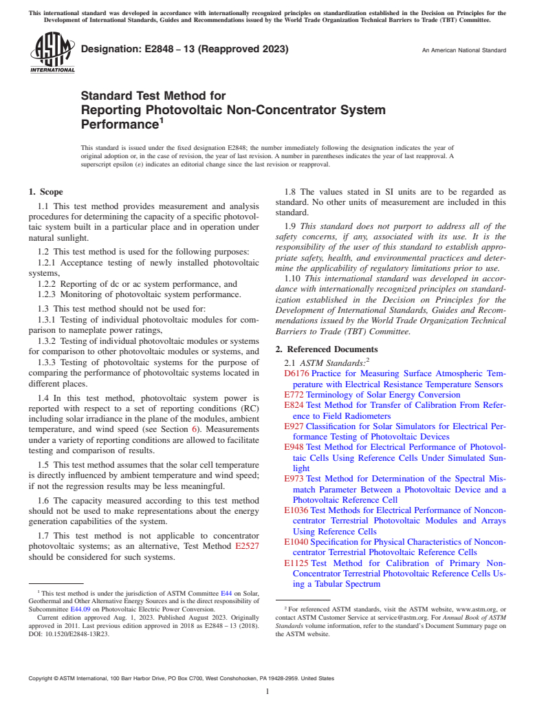 ASTM E2848-13(2023) - Standard Test Method for  Reporting Photovoltaic Non-Concentrator System Performance