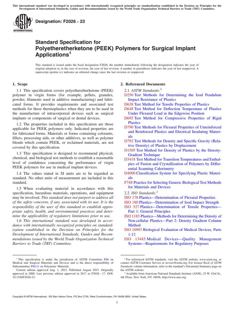 ASTM F2026-23 - Standard Specification for  Polyetheretherketone (PEEK) Polymers for Surgical Implant Applications