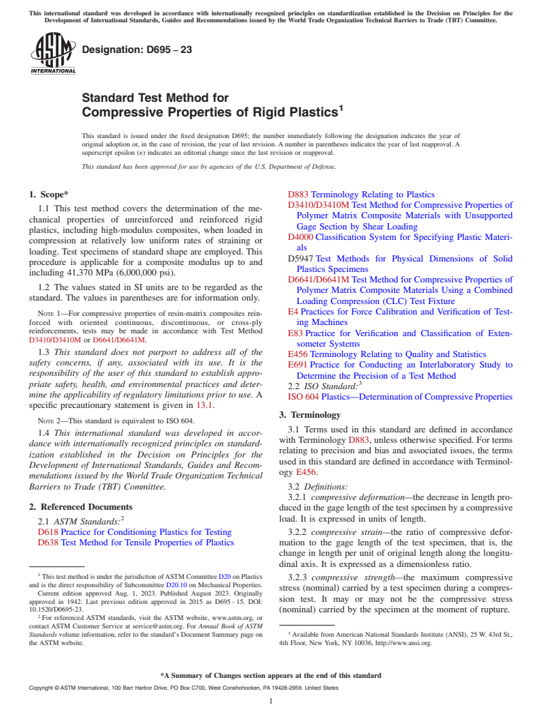 ASTM D695-23 - Standard Test Method for Compressive Properties of Rigid Plastics