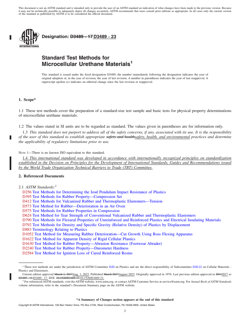 REDLINE ASTM D3489-23 - Standard Test Methods for  Microcellular Urethane Materials