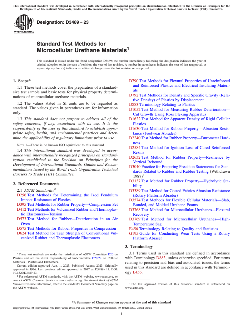 ASTM D3489-23 - Standard Test Methods for  Microcellular Urethane Materials