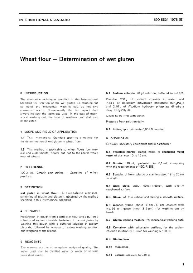 ISO 5531:1978 - Wheat flour -- Determination of wet gluten