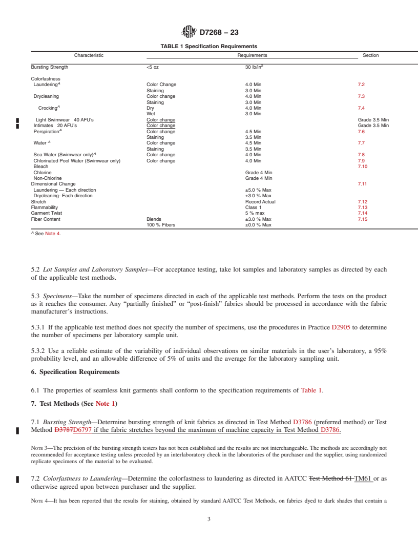 REDLINE ASTM D7268-23 - Standard Performance Specification for  Seamless Knit Garments Including Intimates and Swimwear