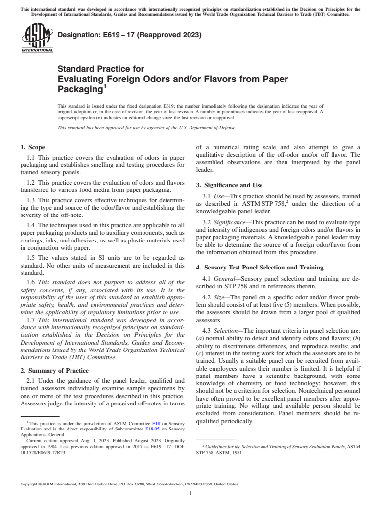 ASTM E619-17(2023) - Standard Practice for  Evaluating Foreign Odors and/or Flavors from Paper Packaging