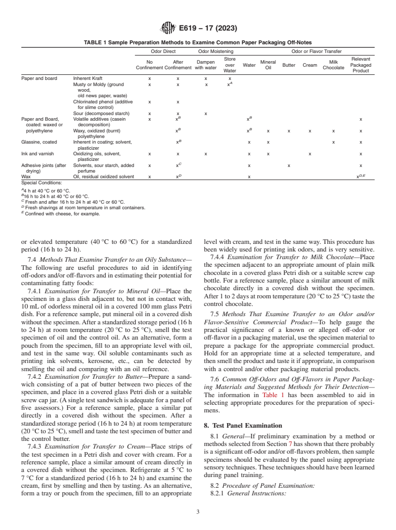 ASTM E619-17(2023) - Standard Practice for  Evaluating Foreign Odors and/or Flavors from Paper Packaging