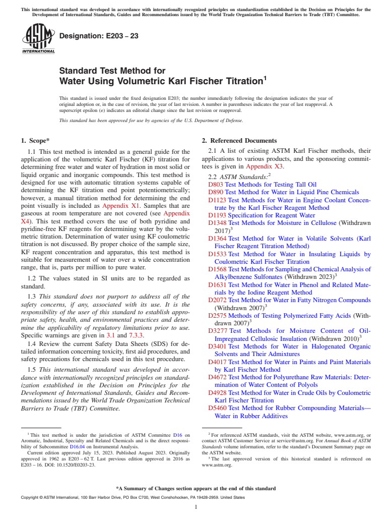 ASTM E203-23 - Standard Test Method for Water Using Volumetric Karl Fischer Titration