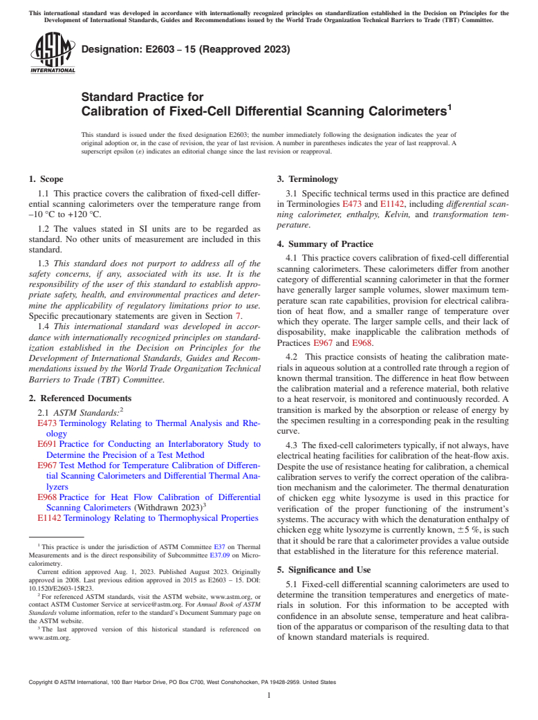 ASTM E2603-15(2023) - Standard Practice for  Calibration of Fixed-Cell Differential Scanning Calorimeters