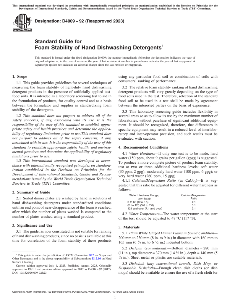 ASTM D4009-92(2023) - Standard Guide for  Foam Stability of Hand Dishwashing Detergents