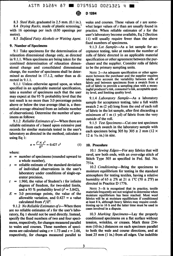 ASTM D1284-87 - Methods of Test for Relaxation and Consolidation Dimensional Changes of Stabilized Knit Wool Fabrics (Withdrawn 1989)