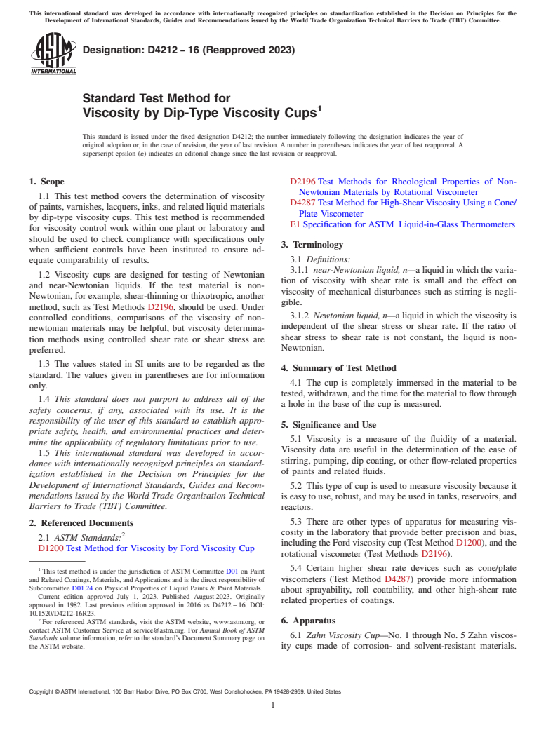 ASTM D4212-16(2023) - Standard Test Method for Viscosity by Dip-Type Viscosity Cups