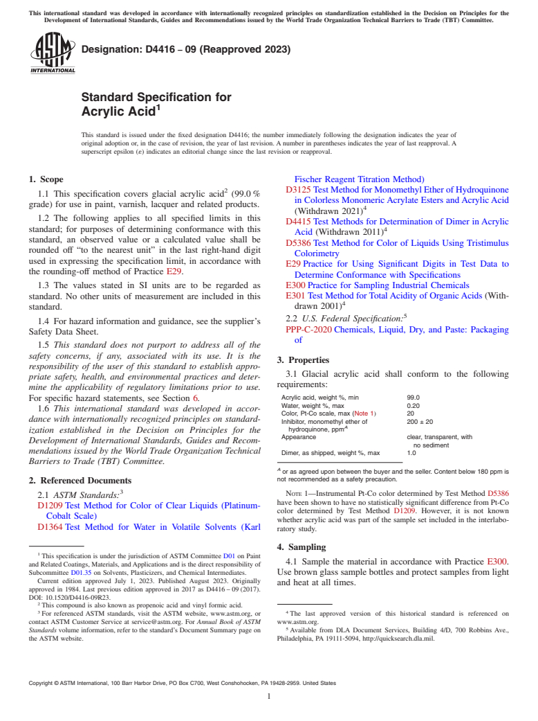 ASTM D4416-09(2023) - Standard Specification for Acrylic Acid