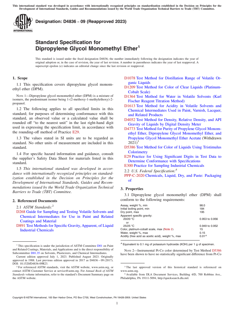 ASTM D4836-09(2023) - Standard Specification for Dipropylene Glycol Monomethyl Ether