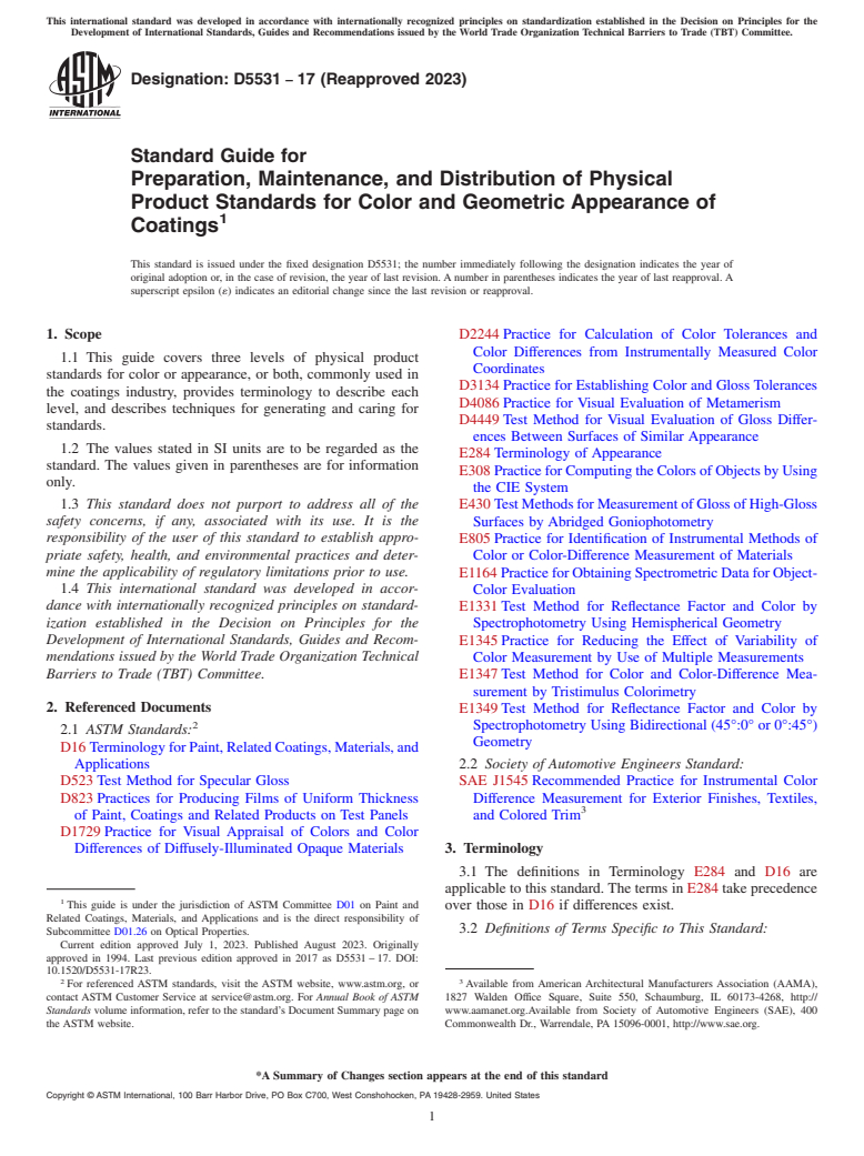 ASTM D5531-17(2023) - Standard Guide for Preparation, Maintenance, and Distribution of Physical Product  Standards  for Color and Geometric Appearance of Coatings