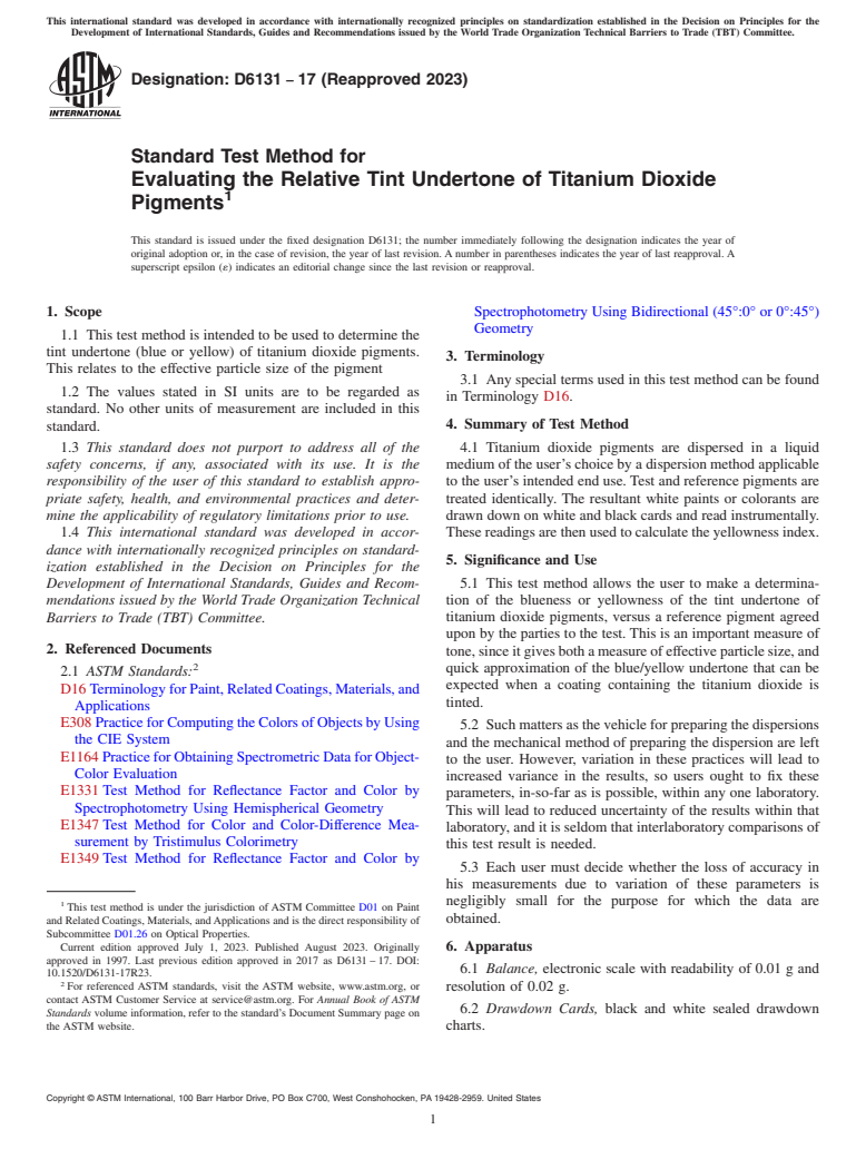 ASTM D6131-17(2023) - Standard Test Method for Evaluating the Relative Tint Undertone of Titanium Dioxide  Pigments