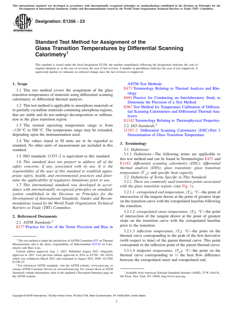 ASTM E1356-23 - Standard Test Method for Assignment of the  Glass Transition Temperatures by Differential Scanning Calorimetry