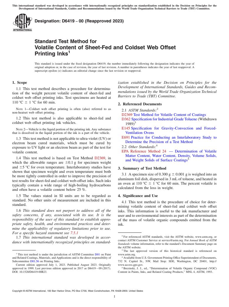 ASTM D6419-00(2023) - Standard Test Method for Volatile Content of Sheet-Fed and Coldset Web Offset Printing   Inks