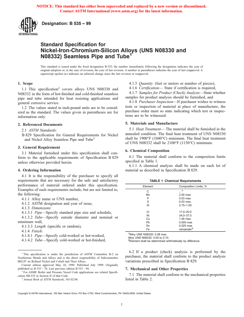 ASTM B535-99 - Standard Specification for Nickel-Iron-Chromium-Silicon Alloys (UNS N08330 and N08332) Seamless Pipe and Tube