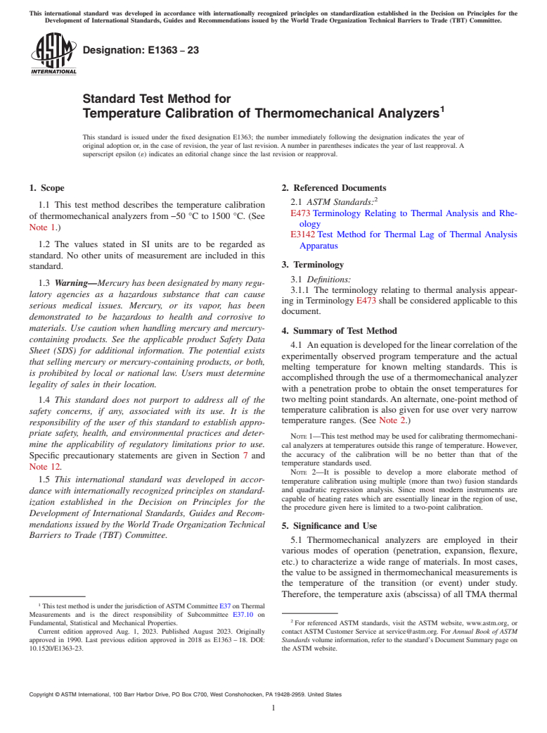 ASTM E1363-23 - Standard Test Method for  Temperature Calibration of Thermomechanical Analyzers