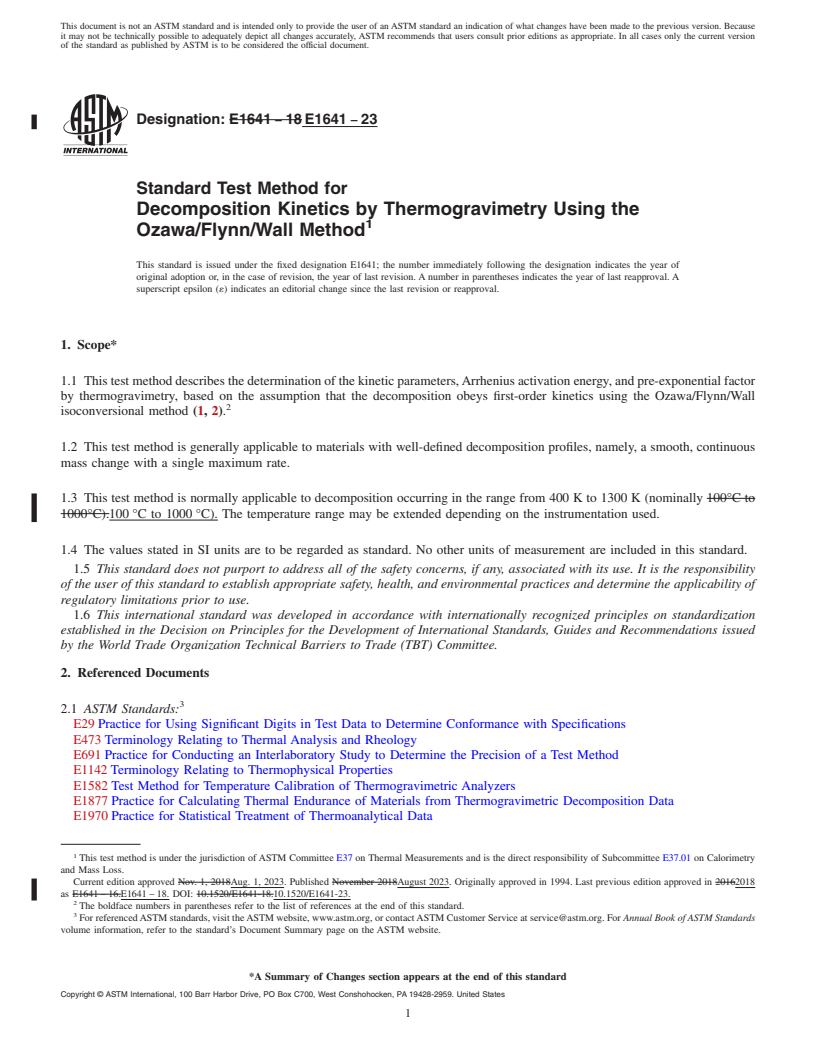 REDLINE ASTM E1641-23 - Standard Test Method for  Decomposition Kinetics by Thermogravimetry Using the Ozawa/Flynn/Wall  Method