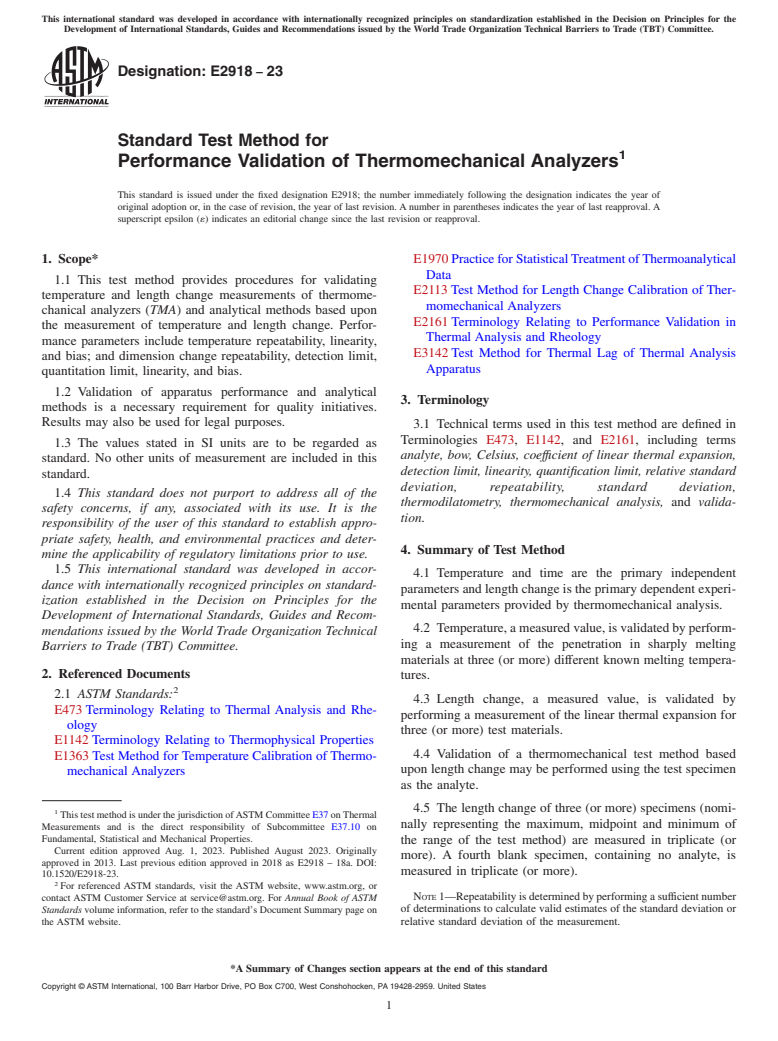 ASTM E2918-23 - Standard Test Method for Performance Validation of Thermomechanical Analyzers