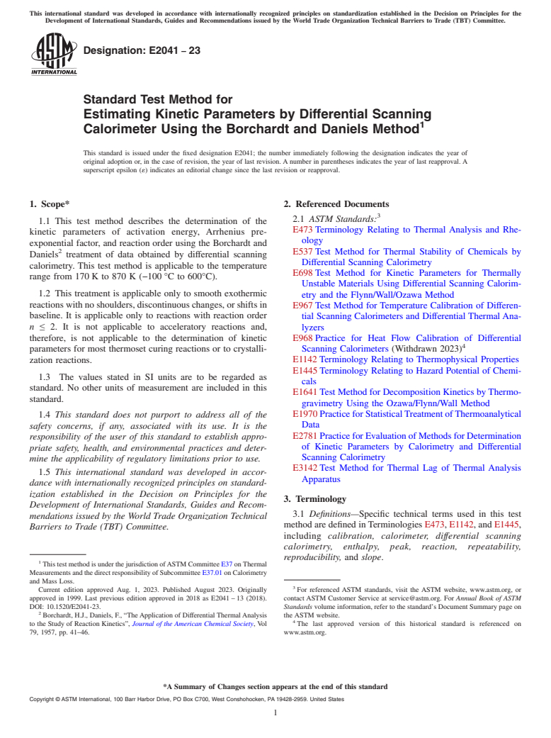 ASTM E2041-23 - Standard Test Method for  Estimating Kinetic Parameters by Differential Scanning Calorimeter  Using the Borchardt and Daniels Method