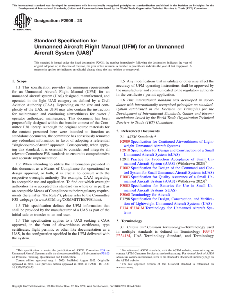 ASTM F2908-23 - Standard Specification for Unmanned Aircraft Flight Manual (UFM) for an Unmanned Aircraft  System (UAS)