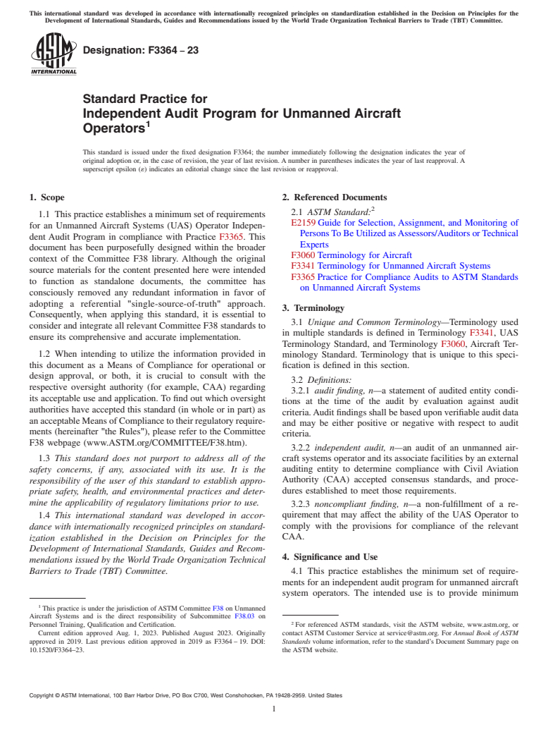 ASTM F3364-23 - Standard Practice for Independent Audit Program for Unmanned Aircraft Operators