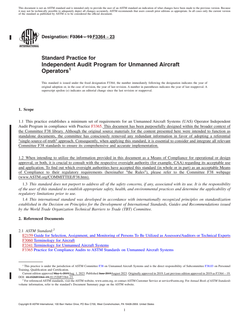 REDLINE ASTM F3364-23 - Standard Practice for Independent Audit Program for Unmanned Aircraft Operators
