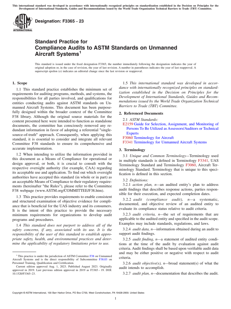 ASTM F3365-23 - Standard Practice for Compliance Audits to ASTM Standards on Unmanned Aircraft Systems