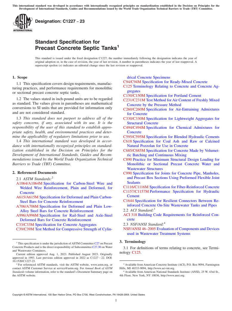 ASTM C1227-23 - Standard Specification for Precast Concrete Septic Tanks