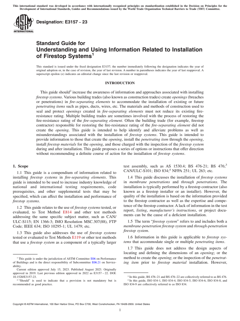 ASTM E3157-23 - Standard Guide for Understanding and Using Information Related to Installation  of Firestop Systems