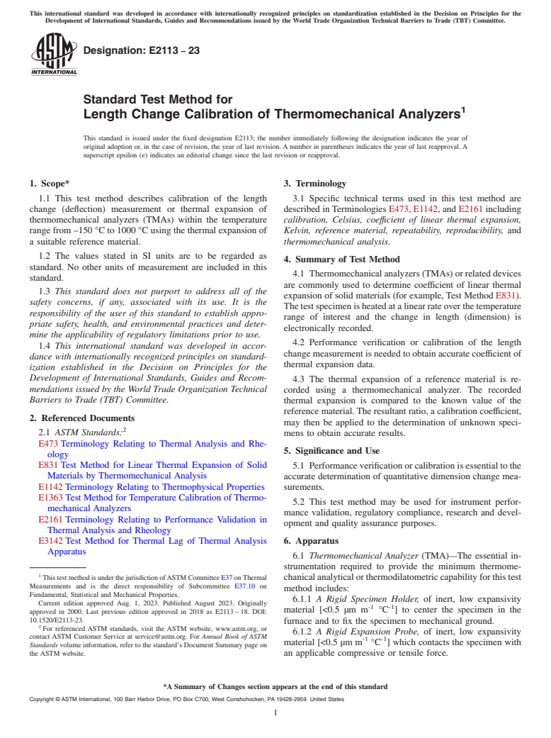 ASTM E2113-23 - Standard Test Method for  Length Change Calibration of Thermomechanical Analyzers