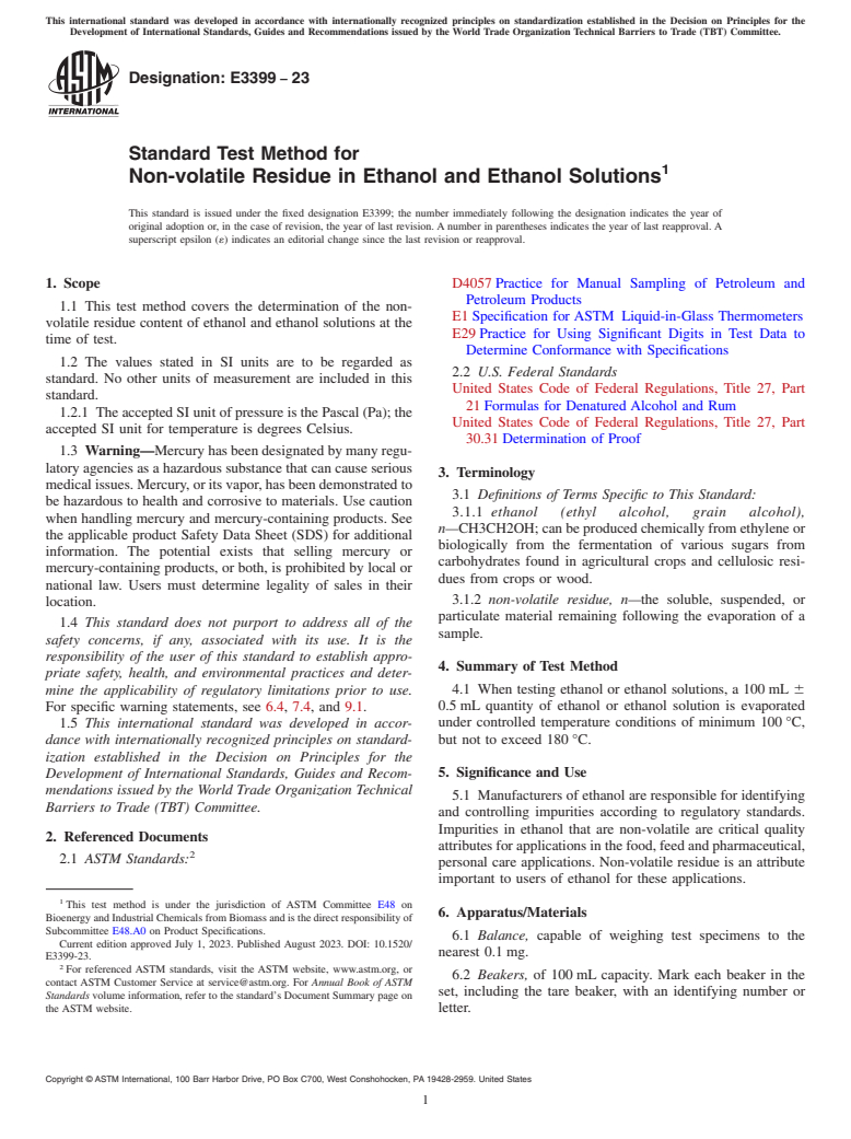 ASTM E3399-23 - Standard Test Method for Non-volatile Residue in Ethanol and Ethanol Solutions