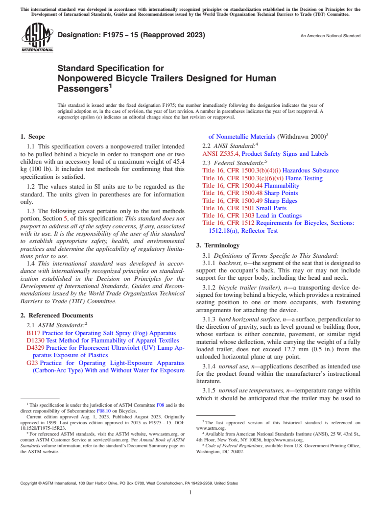 ASTM F1975-15(2023) - Standard Specification for Nonpowered Bicycle Trailers Designed for Human Passengers