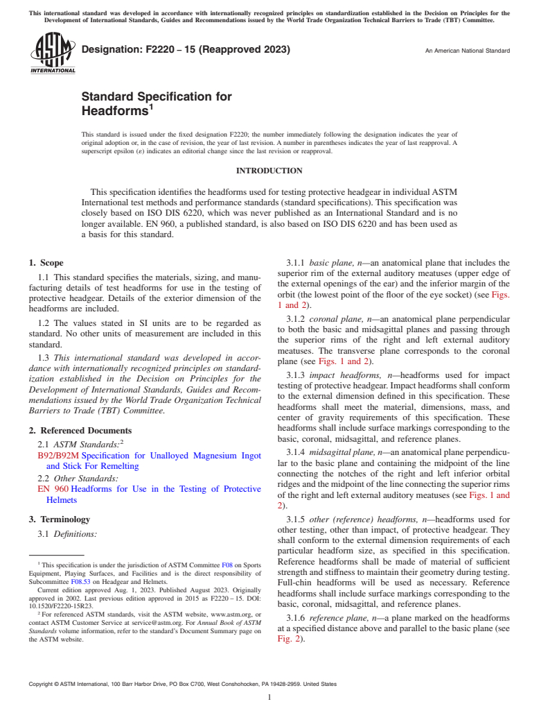 ASTM F2220-15(2023) - Standard Specification for Headforms