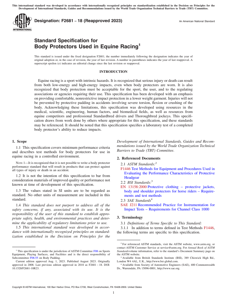 ASTM F2681-18(2023) - Standard Specification for Body Protectors Used in Equine Racing