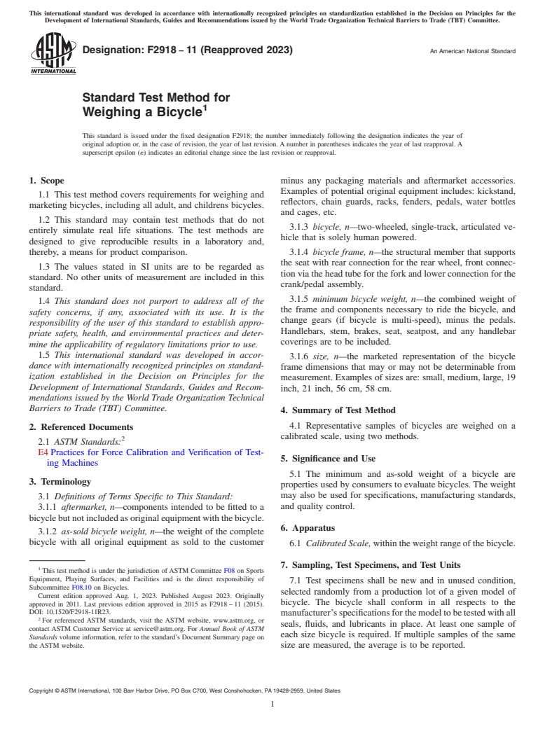 ASTM F2918-11(2023) - Standard Test Method for Weighing a Bicycle