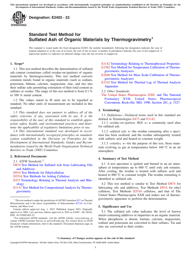 ASTM E2403-23 - Standard Test Method for  Sulfated Ash of Organic Materials by Thermogravimetry