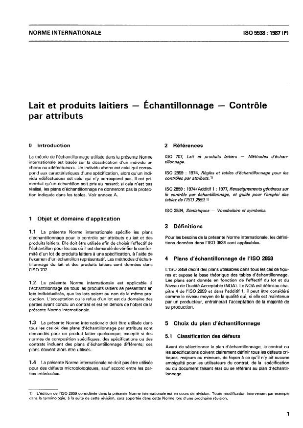 ISO 5538:1987 - Lait et produits laitiers -- Échantillonnage -- Contrôle par attributs