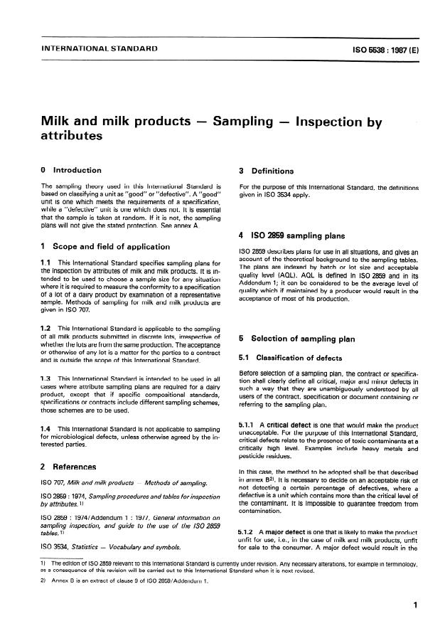 ISO 5538:1987 - Milk and milk products -- Sampling -- Inspection by attributes