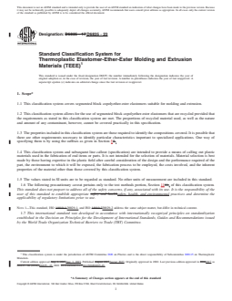 ASTM D6835-23 REDLINE ASTM D6835-23 - Standard Classification System for Thermoplastic Elastomer-Ether-Ester Molding and Extrusion Materials (TEEE) - Page 1 preview