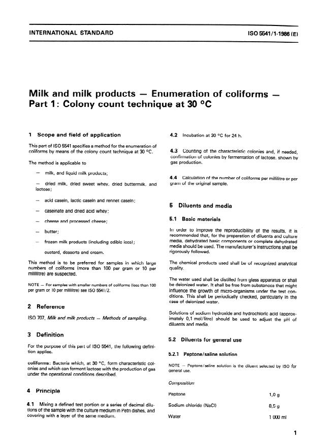 ISO 5541-1:1986 - Milk and milk products -- Enumeration of coliforms